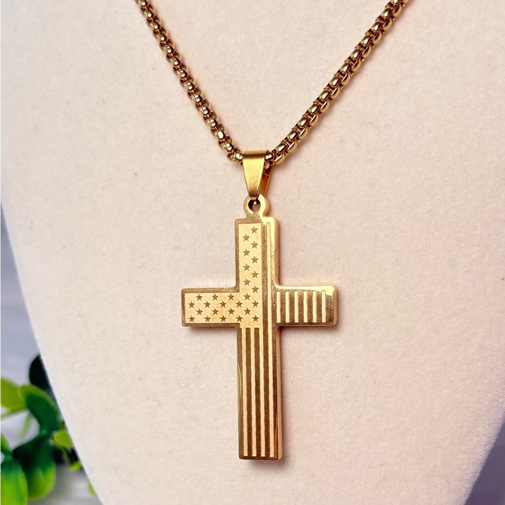 Gold Cross With American Flag Necklace - Picture 5 of 10